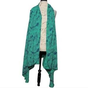 Juvi Green & Navy Palm Print Sleeveless Draped Open Front Swim Coverup Large